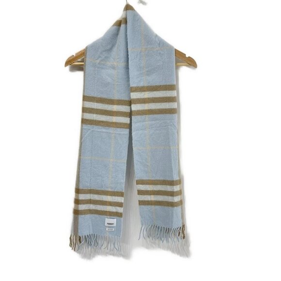 Auth BURBERRY LONDON ENGLAND - Light Blue Beige Multi Cashmere Scarf - Picture 1 of 5